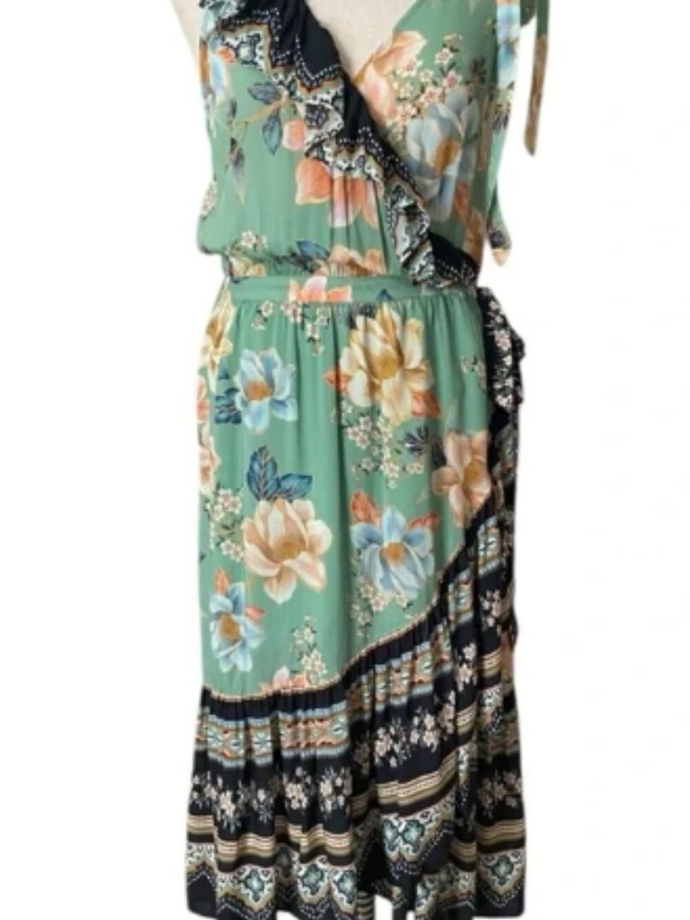 FARM Rio Green Floral Midi Dress with Black Border
